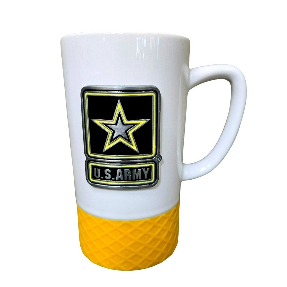 U.S. Army Tall 15 Oz Coffee Mug Silicone Grip Bottom Yellow Black White